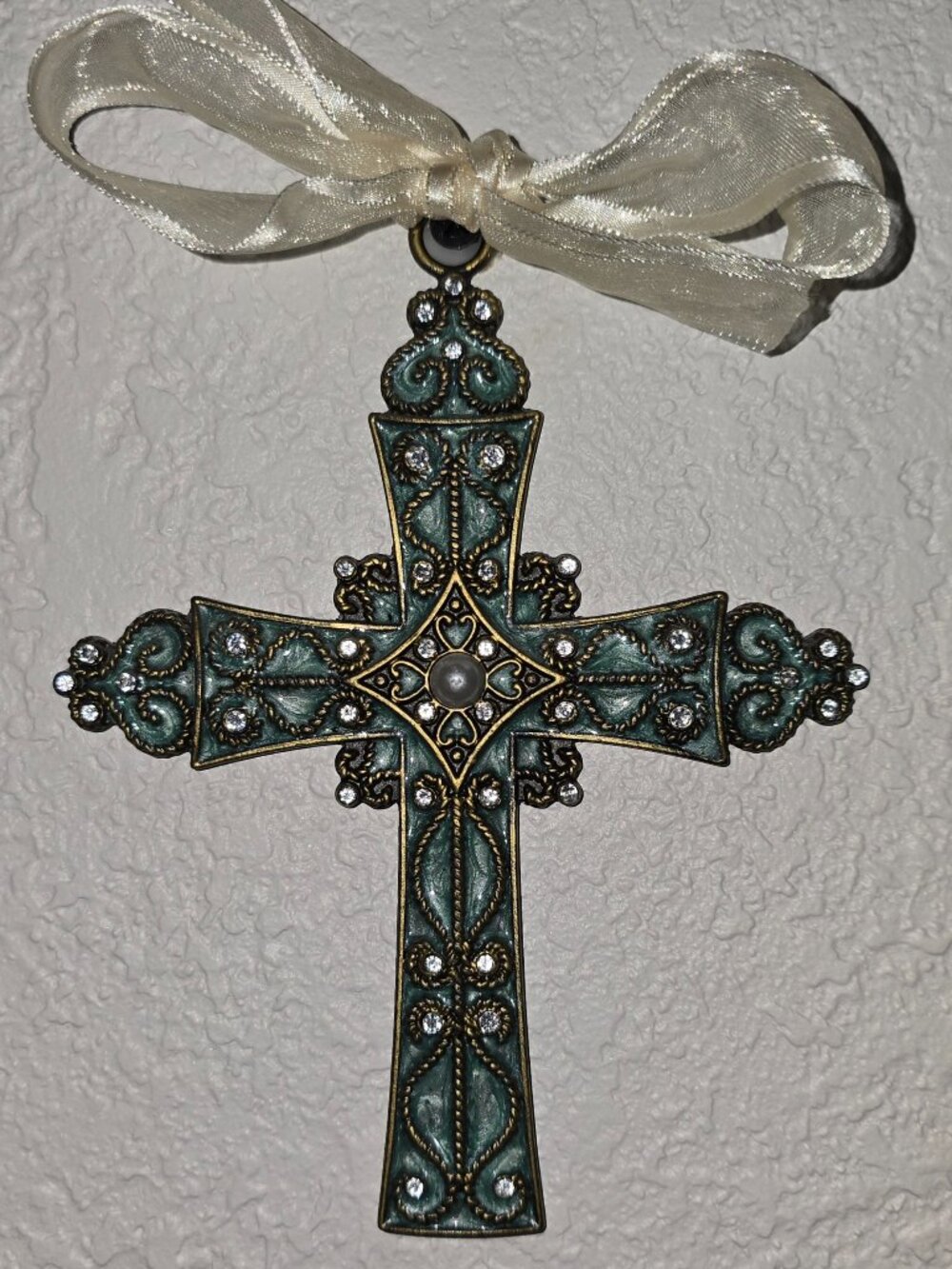 Ornate Metal Cross Wall Hanging Teal Enamel Rhinestone Pearl Ribbon 7" Decor